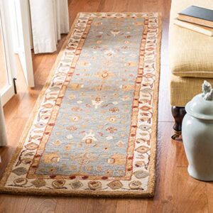 safavieh anatolia collection runner rug - 2'3" x 8', blue & ivory, handmade traditional oriental wool, ideal for high traffic areas in living room, bedroom (an547a)