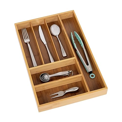 Seville Classics Bamboo Eco-Conscious Organizer Tray Kitchen Home Office Pantry Junk Drawer Utensils, Flatware, Silverware, Cutlery, Pens, (Large)