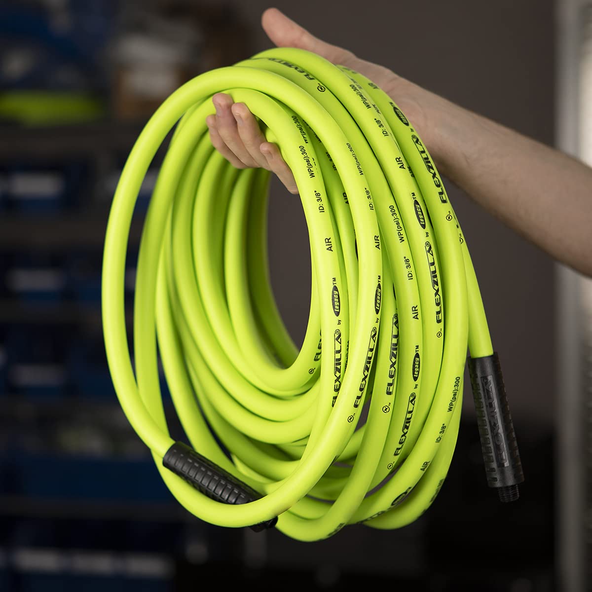 Flexzilla Air Hose, 1/2 in. x 50 ft., 3/8 in. MNPT Fittings Heavy Duty, Lightweight, Hybrid, ZillaGreen - HFZ1250YW3