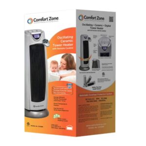 Comfort Zone Electric Oscillating Ceramic Tower Space Heater, Remote, Backlit Digital Thermostat & Temperature Display, Timer, & Overheat Sensor, Ideal for Home, Bedroom, & Office, 1,500W, CZ499R