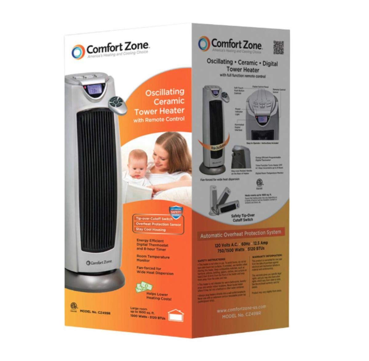 Comfort Zone Electric Oscillating Ceramic Tower Space Heater, Remote, Backlit Digital Thermostat & Temperature Display, Timer, & Overheat Sensor, Ideal for Home, Bedroom, & Office, 1,500W, CZ499R