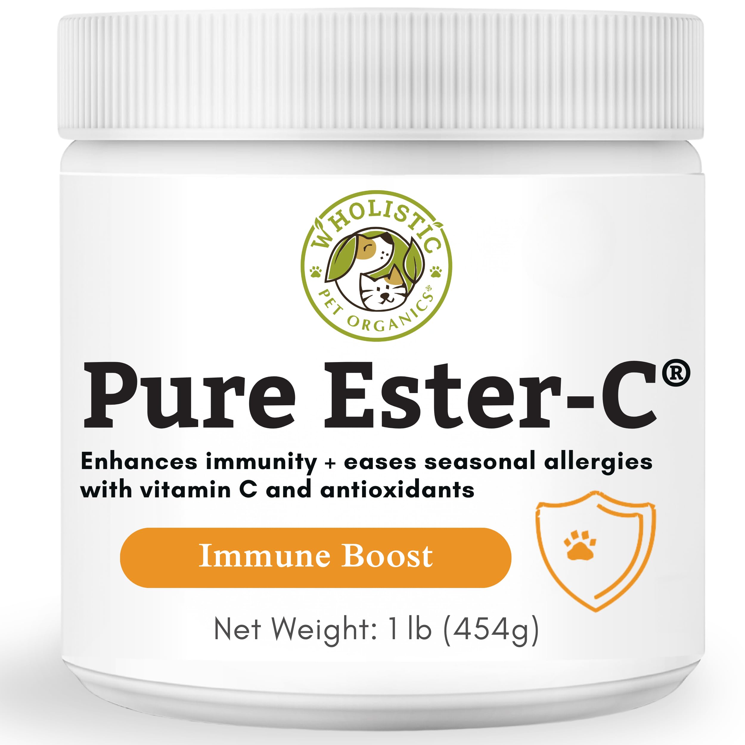 Wholistic Pet Organics Pure Ester-C Powder for Dogs & Cats - 1 Lb - Vitamin C Supplement for Immune Support, Skin & Coat Health, & Allergy Relief - Dog Vitamin Powder for Itchy Skin & Homemade Food