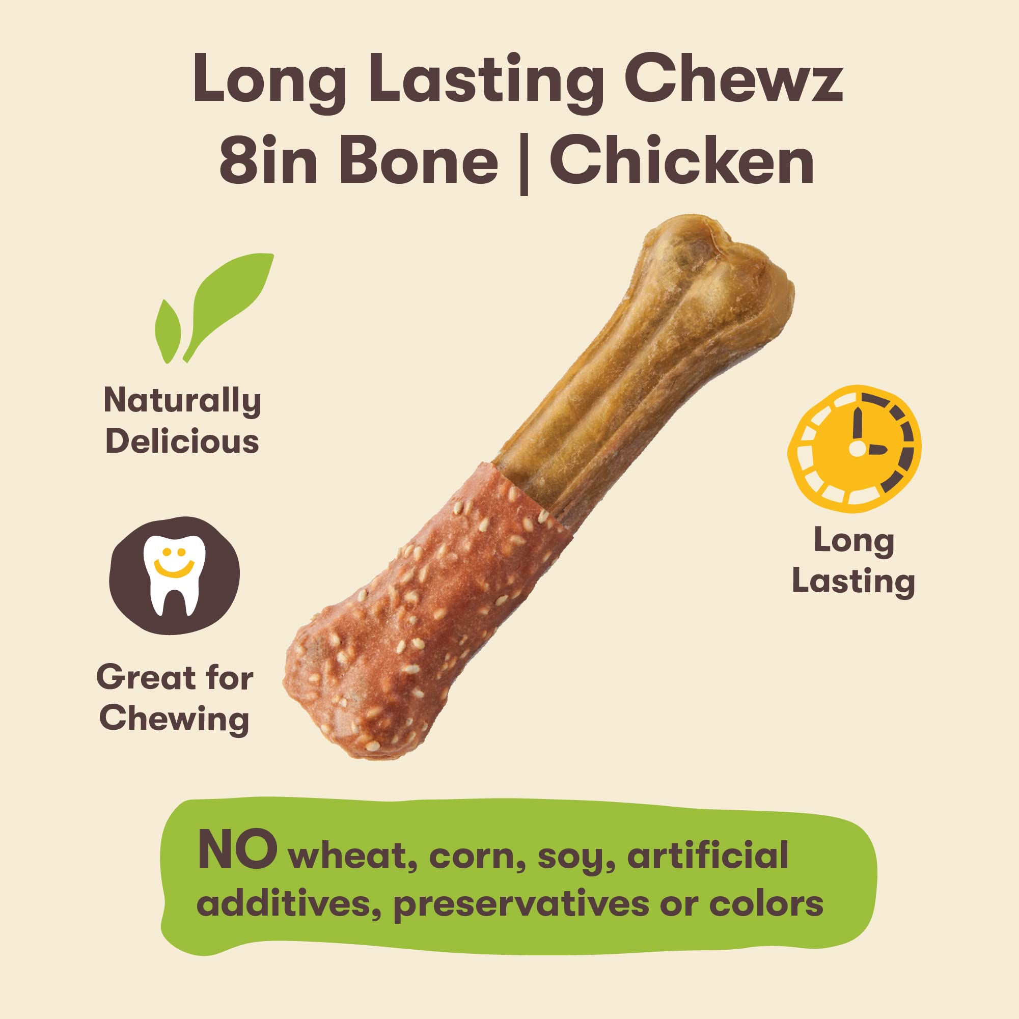 Pet 'n Shape Long Lasting Chewz Dog Treats - Chicken Wrapped Rawhide - 1 Bone, 8-Inch Long