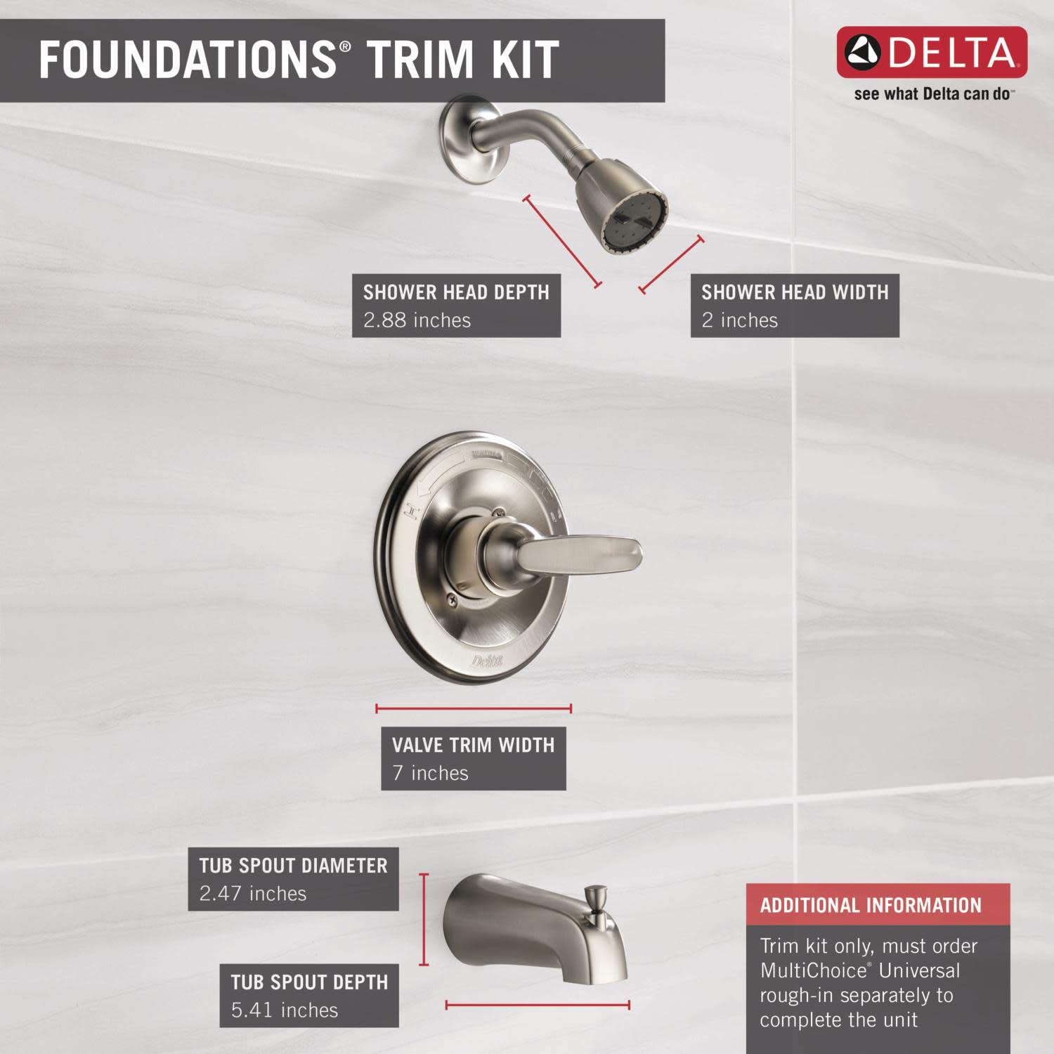 Delta Faucet Foundations Chrome Shower Faucet Set with 2-Spray Chrome Shower Head, Tub and Shower Trim Kit, Shower Faucet Sets Complete, Chrome BT13410 (Valve Not Included)