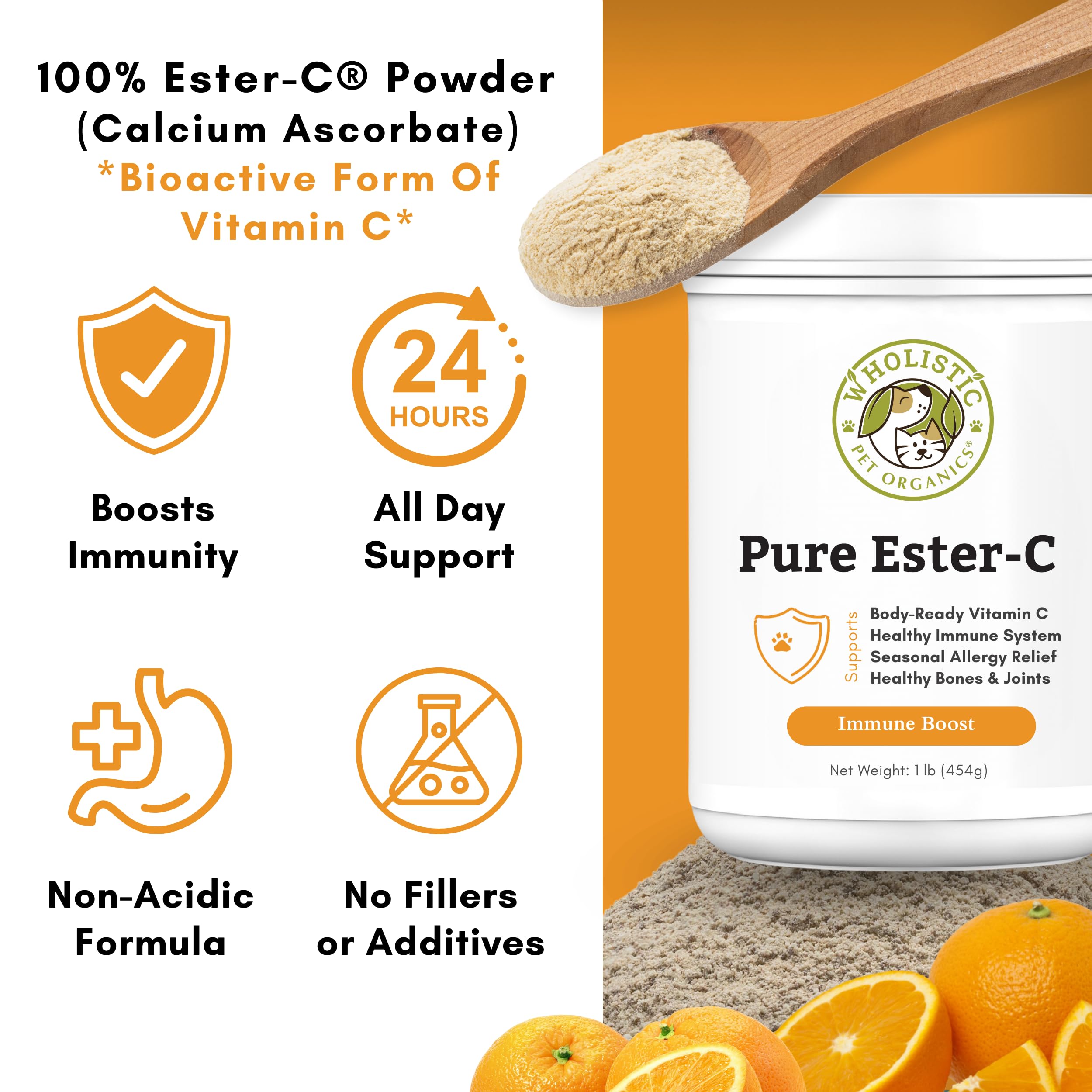 Wholistic Pet Organics Pure Ester-C Powder for Dogs & Cats - 1 Lb - Vitamin C Supplement for Immune Support, Skin & Coat Health, & Allergy Relief - Dog Vitamin Powder for Itchy Skin & Homemade Food