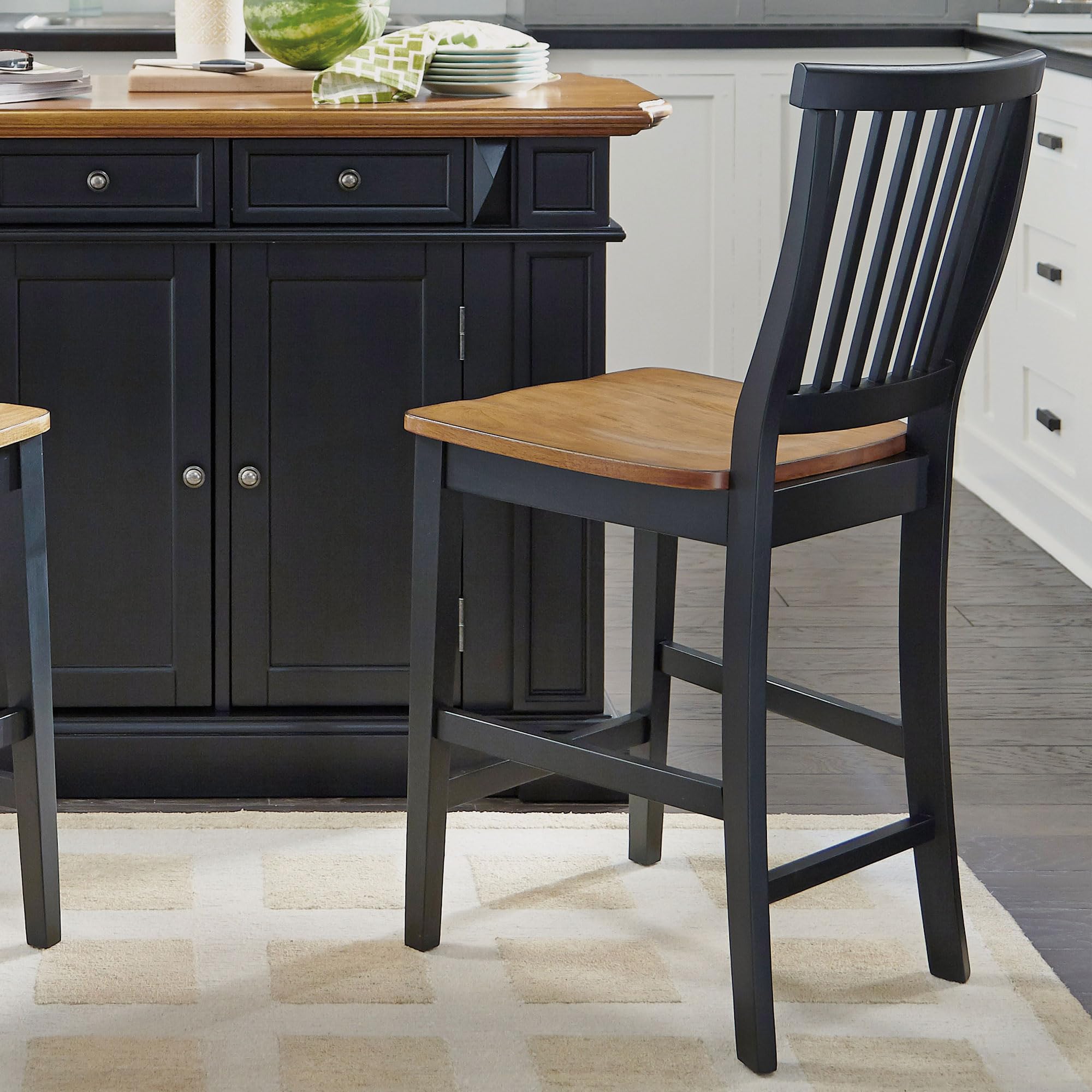 Home Styles Wood Counter Stool with Slat Backs and Black and Rich Oak Seat Finish