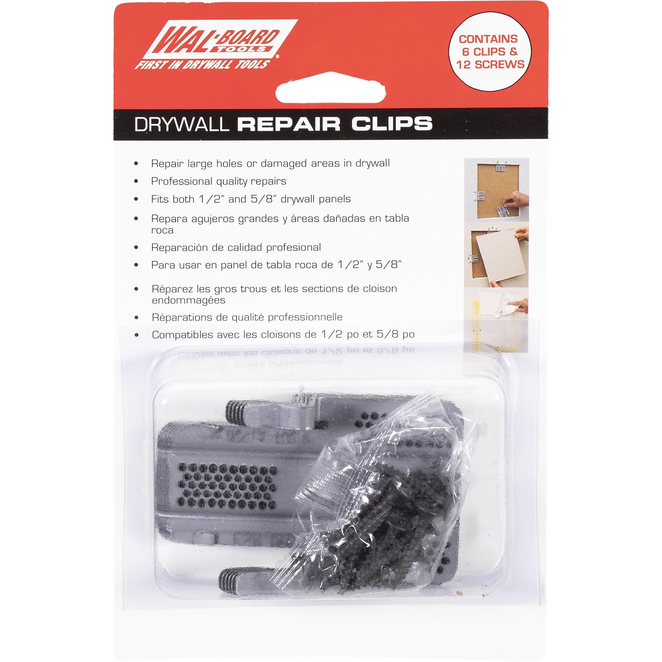 WAL-BOARD TOOLS Drywall Clips, Easy Drywall Repair Solution, Fits 1/2" and 5/8" Panels, Includes 6 Clips and 12 Screws, Made in the USA, 054-014