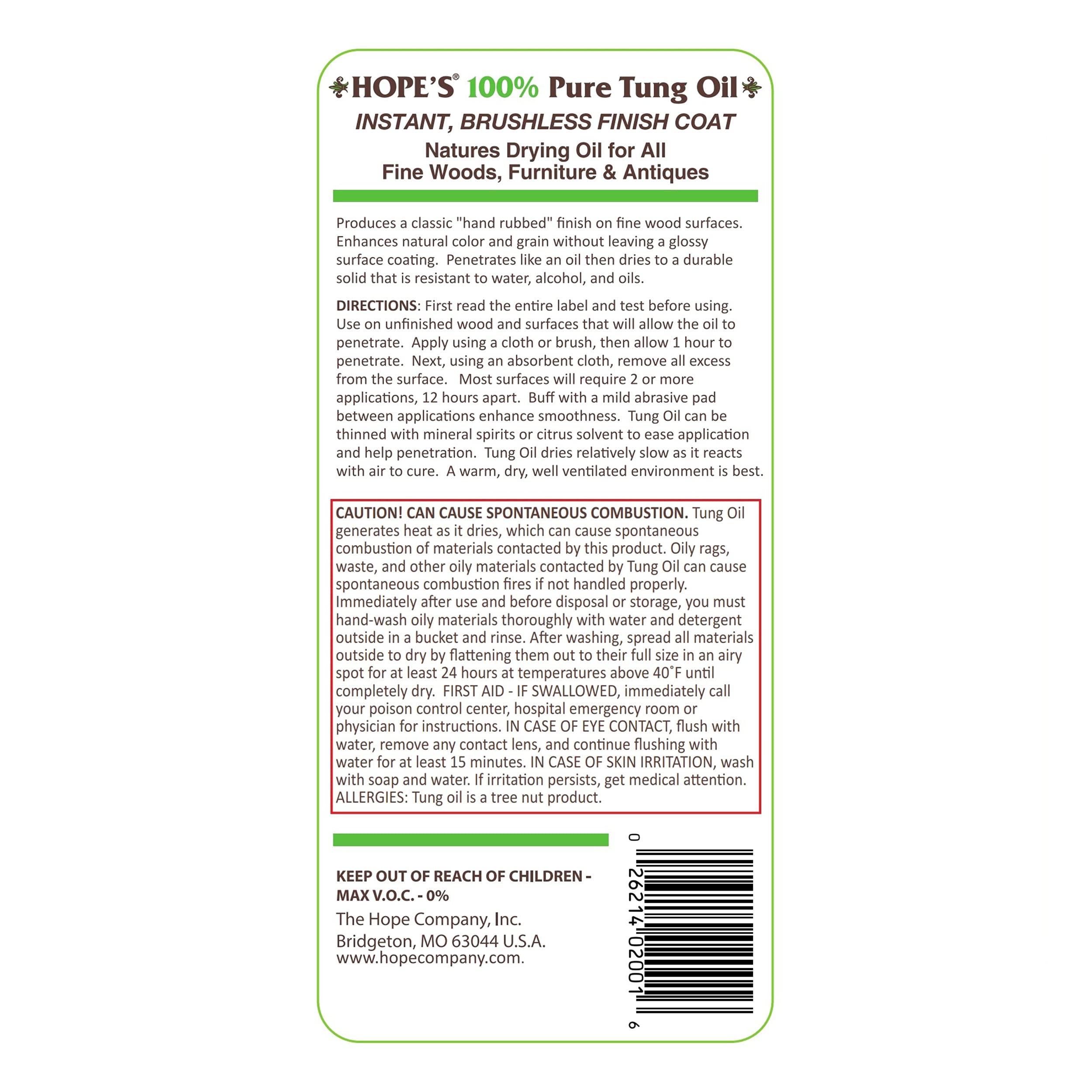 HOPE'S 100% Pure Tung Oil, Food Safe, Premium Waterproof Natural Wood Finish and Sealer for Indoor and Outdoor Projects,16 Fl Oz, 1 Pack