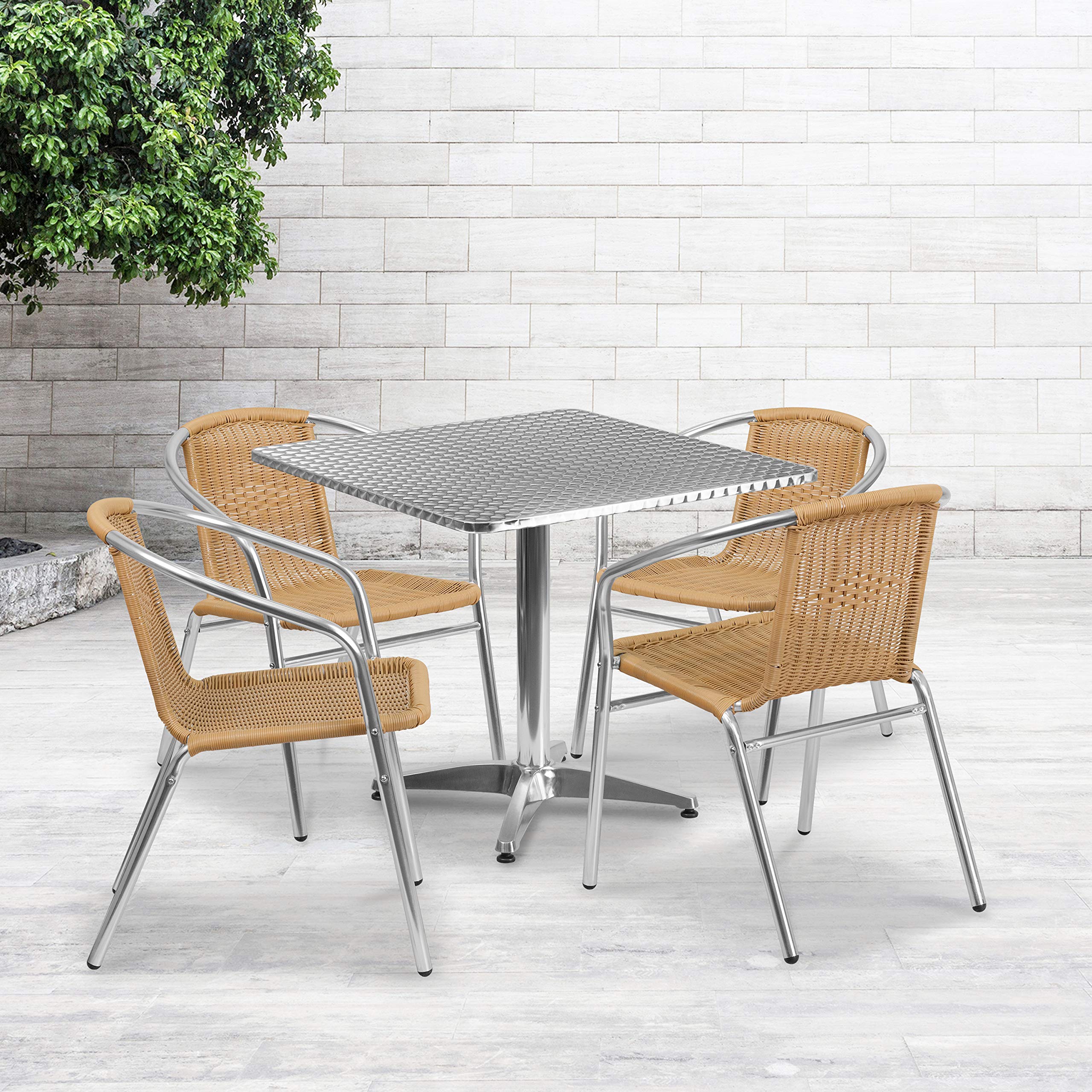 Flash Furniture 31.5'' Square Aluminum Indoor-Outdoor Table Set with 4 Beige Rattan Chairs