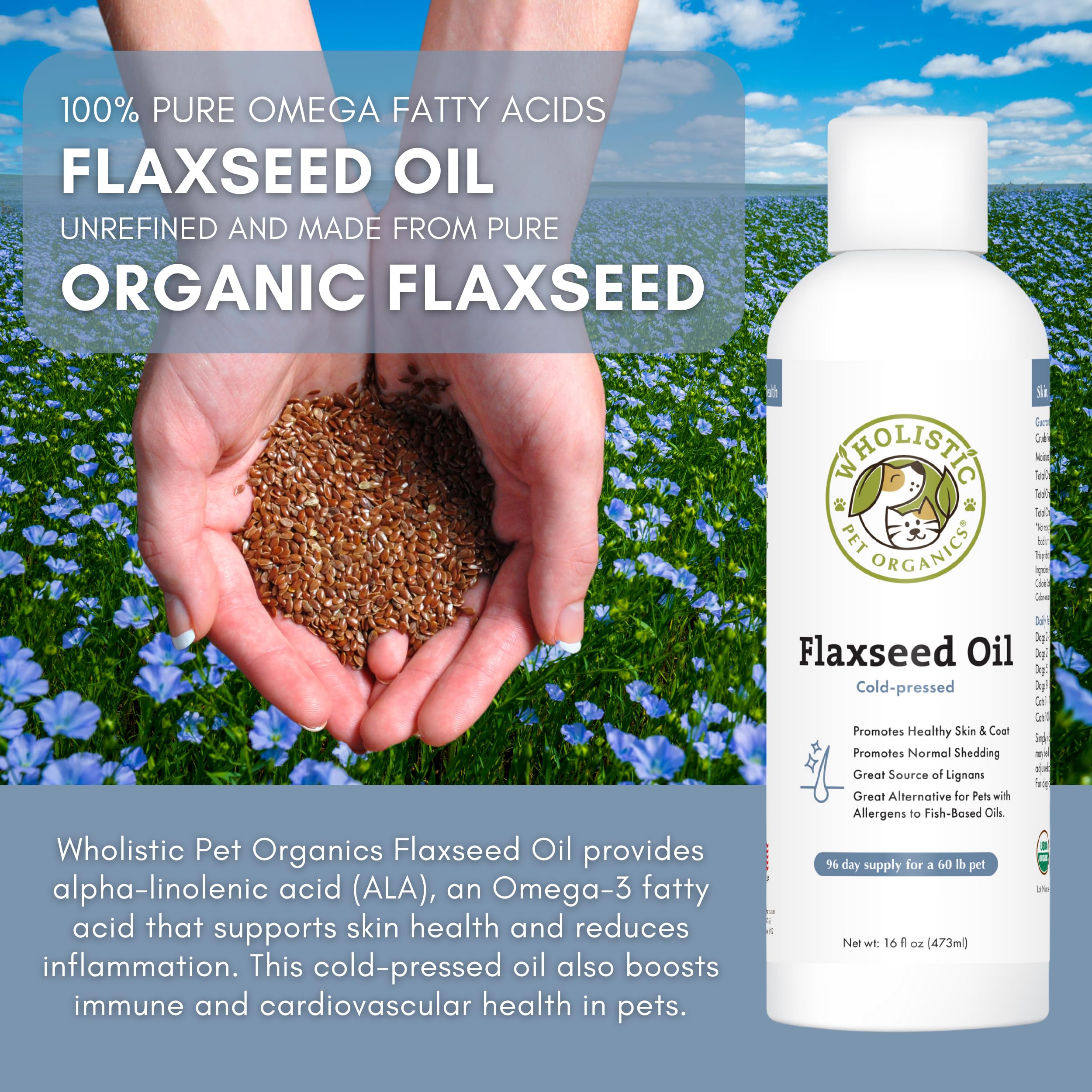 Wholistic Pet Organics Flaxseed Oil for Dogs - 16 Oz - Omega 3 Supplement for Dog Itchy Skin, Dry Skin Relief & Shedding - Skin & Coat Vitamins