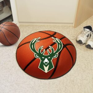 FANMATS 10206 Milwaukee Bucks Basketball Shaped Rug - 27in. Diameter, Basketball Design, Sports Fan Accent Rug