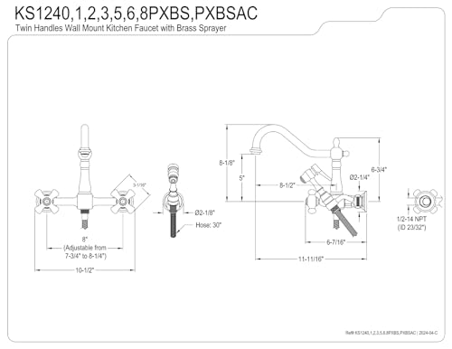 Kingston Brass KS1241PXBS Wall Mount Bridge Kitchen Faucet with Brass Sprayer, 8", Polished Nickel