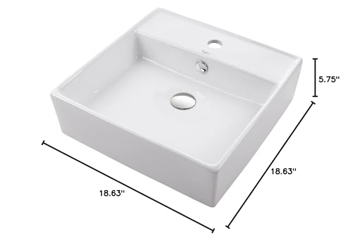 Kraus KCV-150-CH White Square Ceramic Sink and Pop Up Drain with Overflow, Chrome