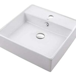 Kraus KCV-150-CH White Square Ceramic Sink and Pop Up Drain with Overflow, Chrome