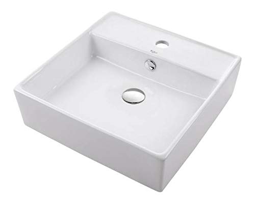 Kraus KCV-150-CH White Square Ceramic Sink and Pop Up Drain with Overflow, Chrome