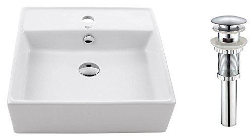 Kraus KCV-150-CH White Square Ceramic Sink and Pop Up Drain with Overflow, Chrome