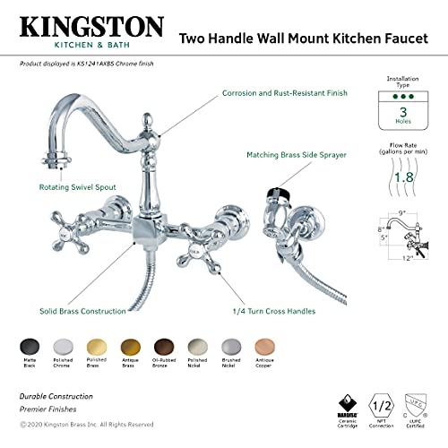 Kingston Brass KS1242AXBS Heritage Bridge Kitchen Faucet, Polished Brass, 8.5 x 8.13 x 2.25