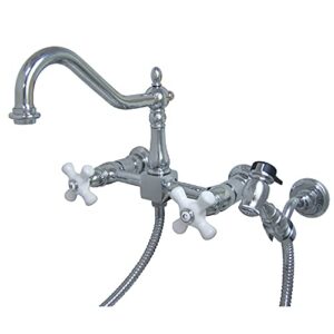 kingston brass ks1241pxbs wall mount bridge kitchen faucet with brass sprayer, 8", polished nickel