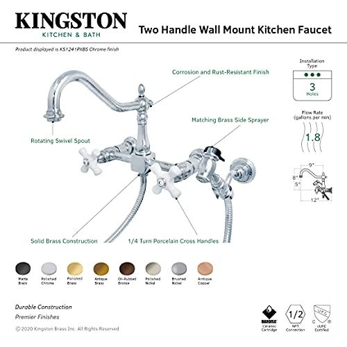 Kingston Brass KS1241PXBS Wall Mount Bridge Kitchen Faucet with Brass Sprayer, 8", Polished Nickel