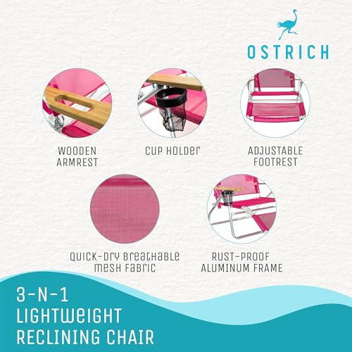 Ostrich 3N1 Lightweight Lawn Beach Reclining Lounge Chair with Footrest, Outdoor Furniture for Patio, Balcony, Backyard, or Porch, Pink