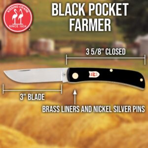 KISSING CRANE Black Pocket Farmer Knife | 3" Stainless Steel Blade | Synthetic Handle | Brass Liners | 3 5/8" Closed