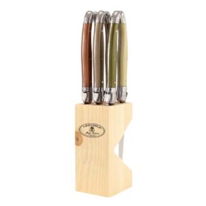 jean dubost laguiole 6-piece steak knife set, mineral handles - 1.2 mm blades - rust-resistant stainless steel - includes wooden block - made in france