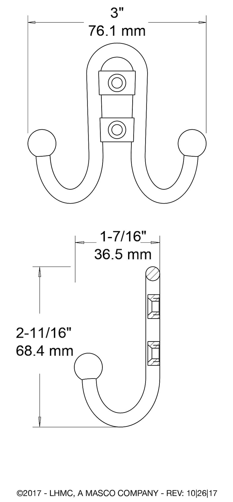 Liberty Hardware B46115Z-SN-C Double Prong Robe Hook with Ball End, Single, Satin Nickel