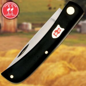 KISSING CRANE Black Pocket Farmer Knife | 3" Stainless Steel Blade | Synthetic Handle | Brass Liners | 3 5/8" Closed