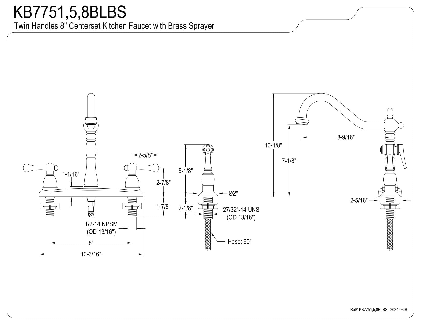 Kingston Brass KB7751BLBS English Vintage 8" Centerset Kitchen Faucet, 8-5/8" Spout Reach, Polished Chrome