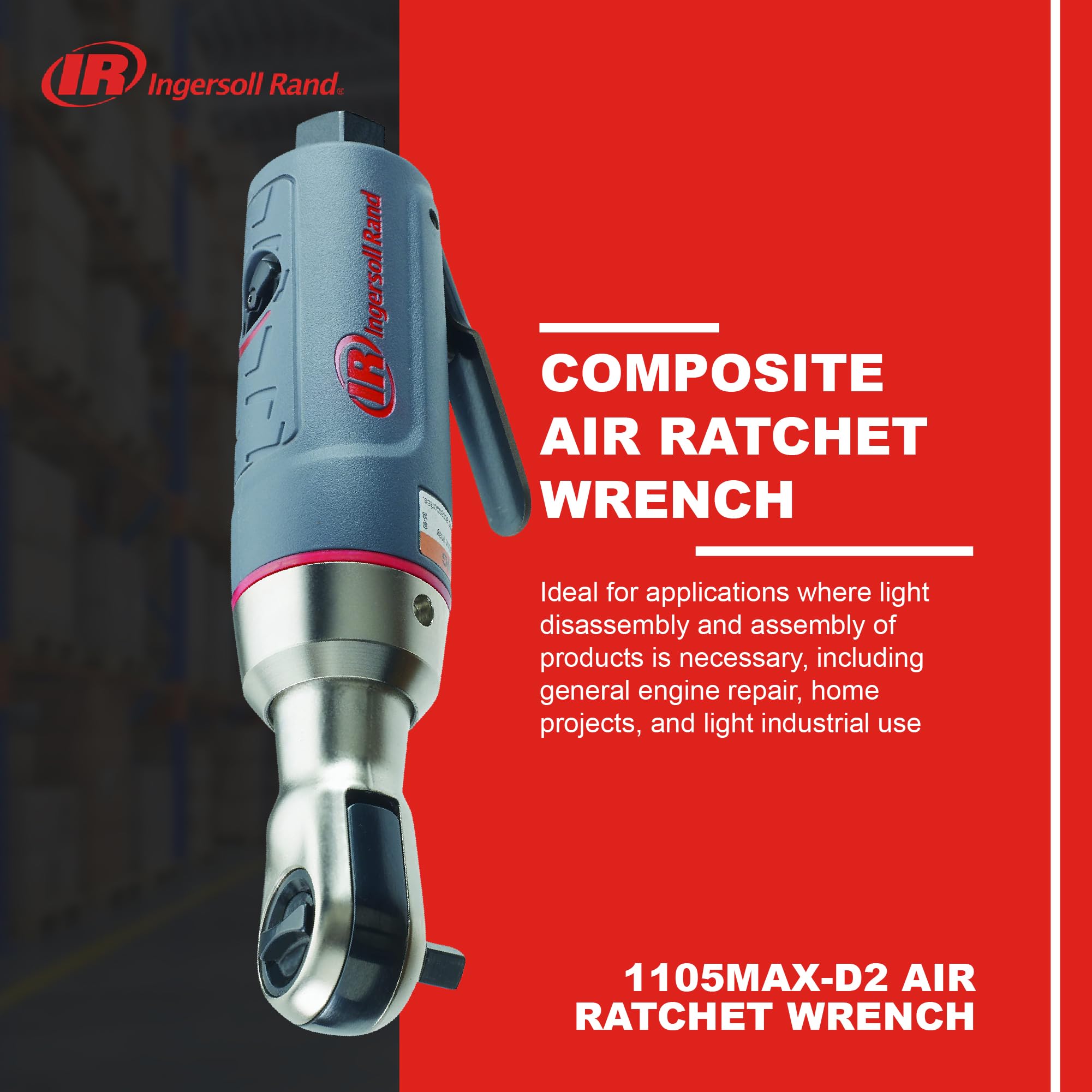 Ingersoll Rand 1105MAX-D2 1/4" Mini Composite Air Ratchet Wrench, 30 ft-lbs Max Torque Output, 300 RPM, Comfort Grip, Lightweight, Low Profile Forward/Reverse Control