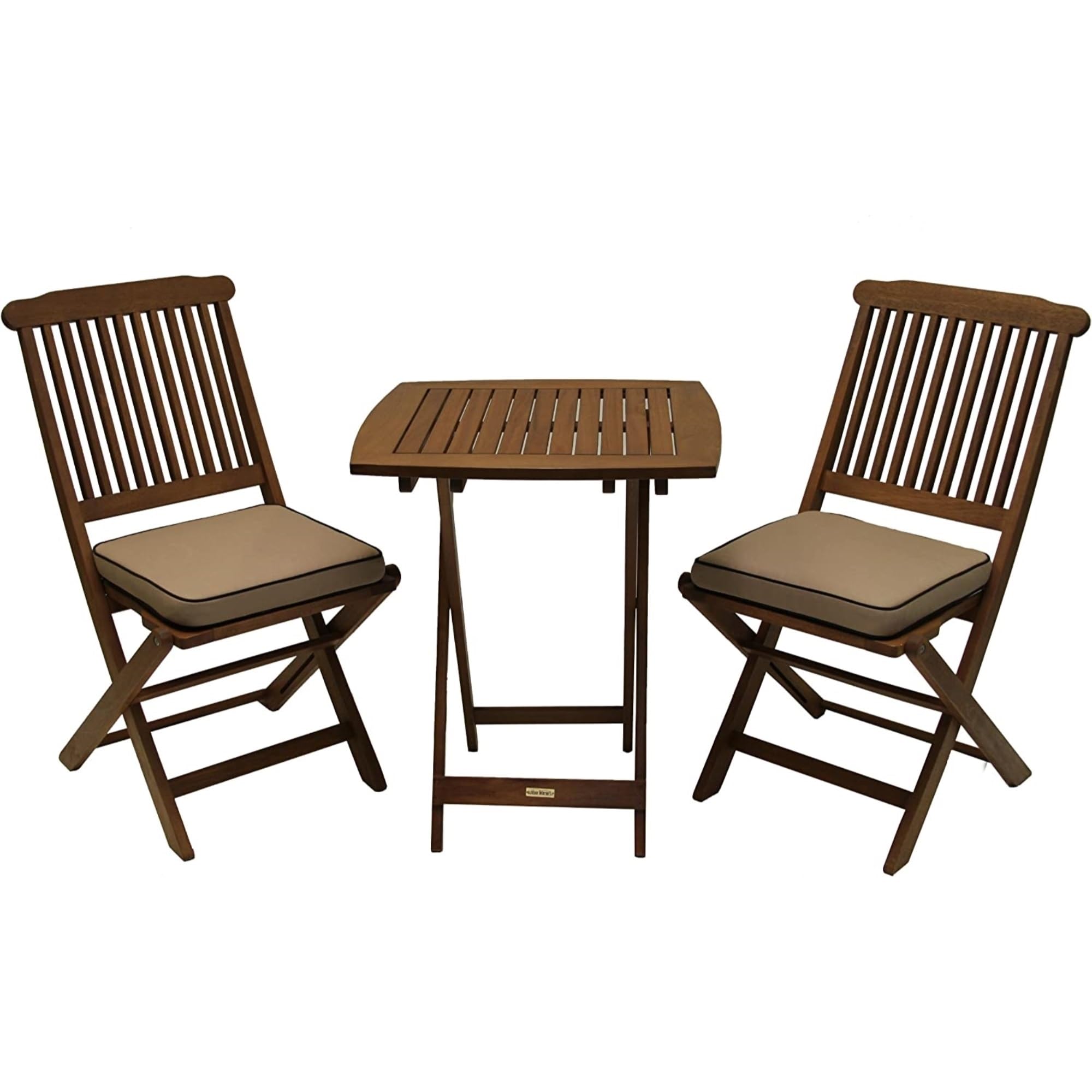 Outdoor Interiors Eucalyptus Wood 3-Piece Square Foldable Bistro Outdoor Furniture Patio Set, Table and 2 Chairs with Cushions, Beige