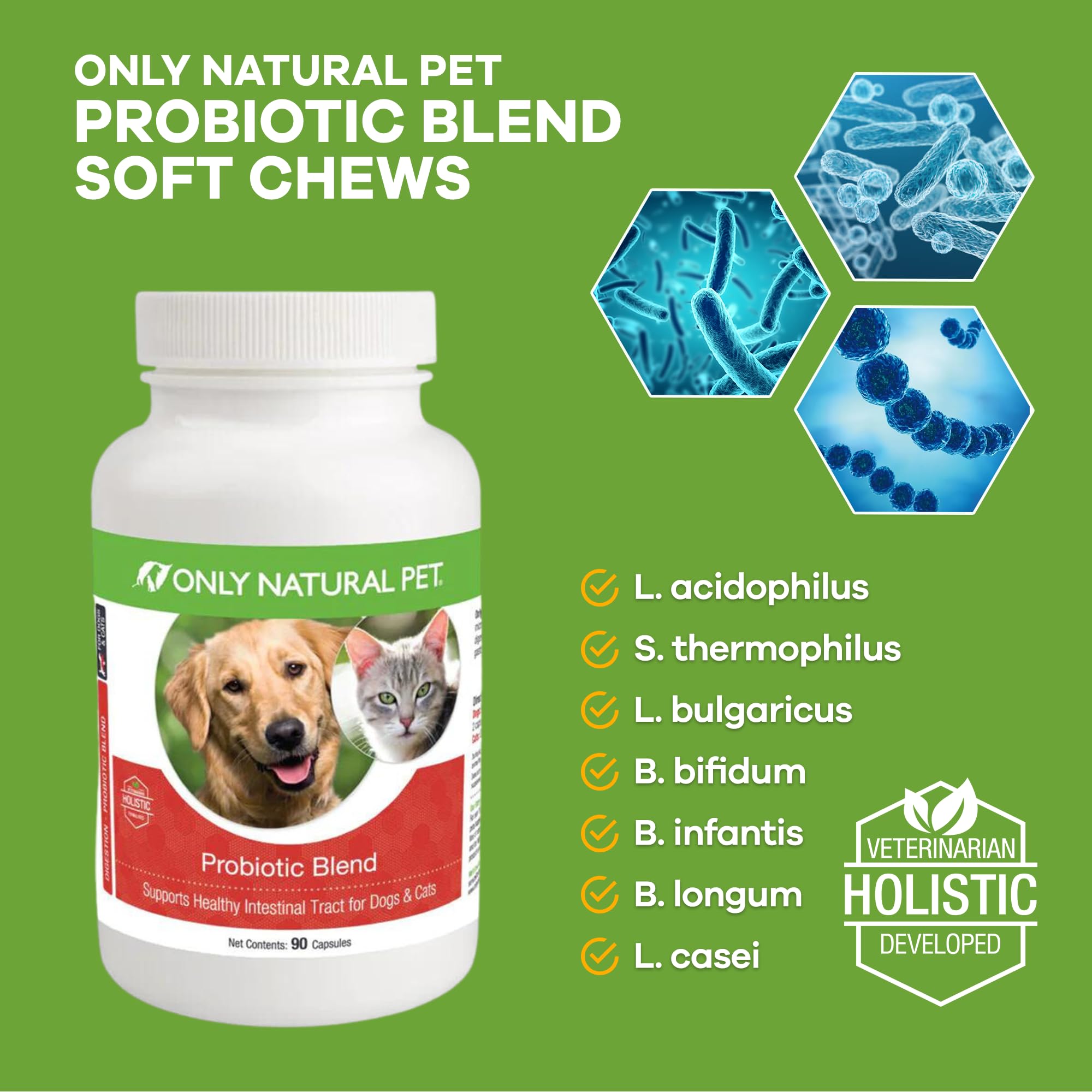 Only Natural Pet Probiotic Dog and Cat Supplement - Digestive & Intestinal Tract Health Enzyme Formula, Puppy & Canine Digestive Support, Best for Stomach Relief & Gas Aid - 90 Capsules.