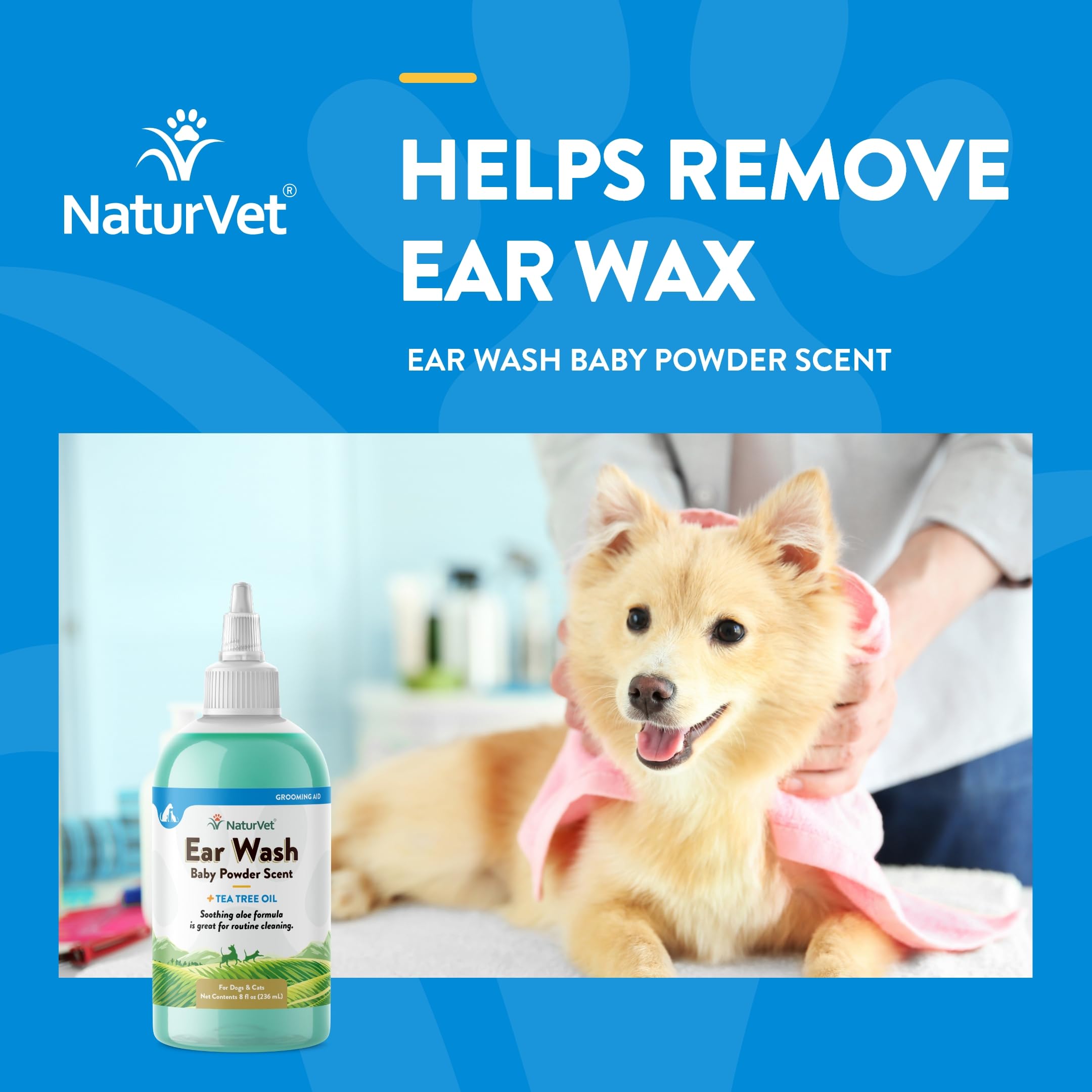 NaturVet Ear Wash w/Tea Tree Oil (Aloe & Baby Powder Scent) 8 oz