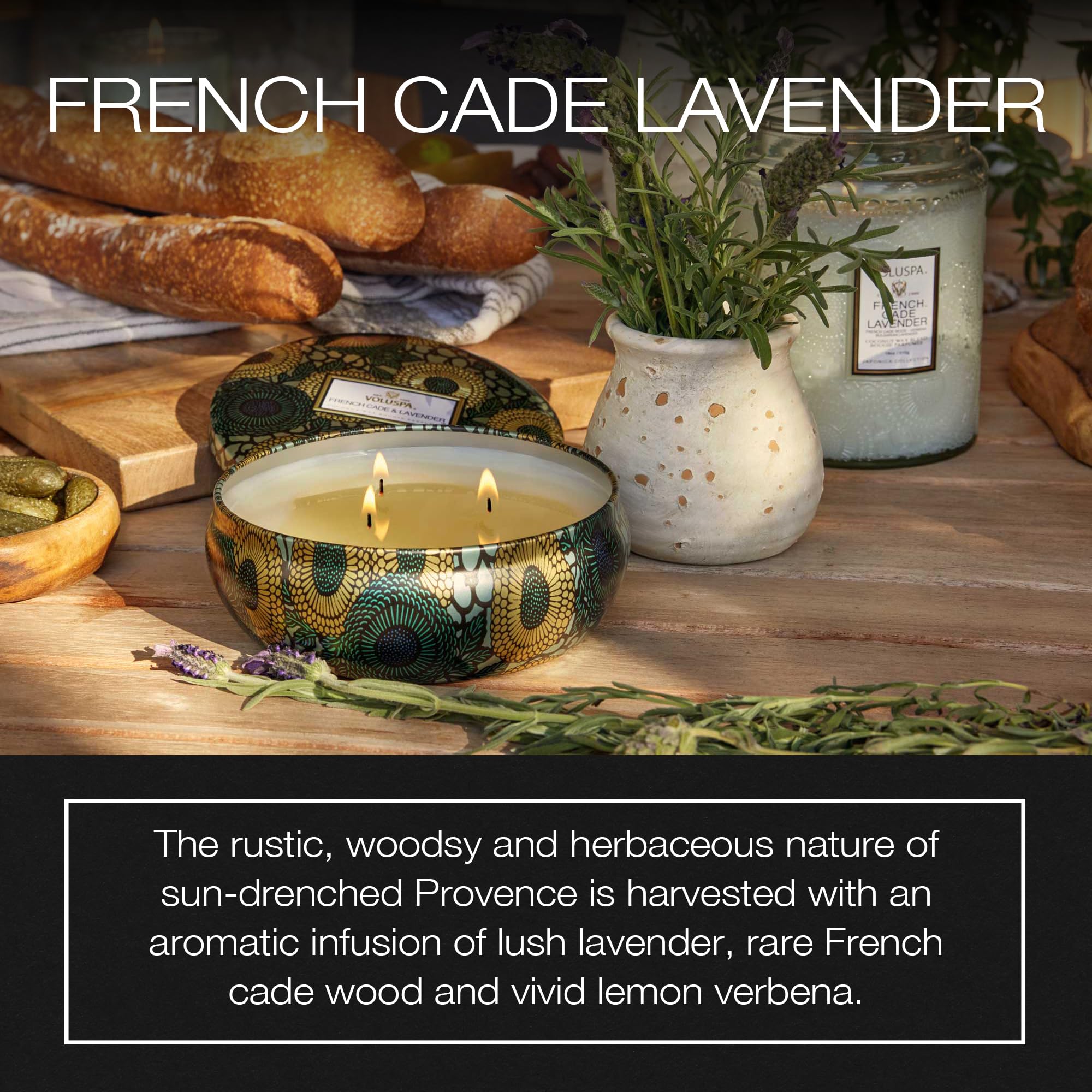 Voluspa French Cade Lavender, 3 Wick Tin Candle, 12 oz, 40 Hour Burn Time, All Natural Wicks and Coconut Wax for Clean Burning, Vegan, Poured in the USA