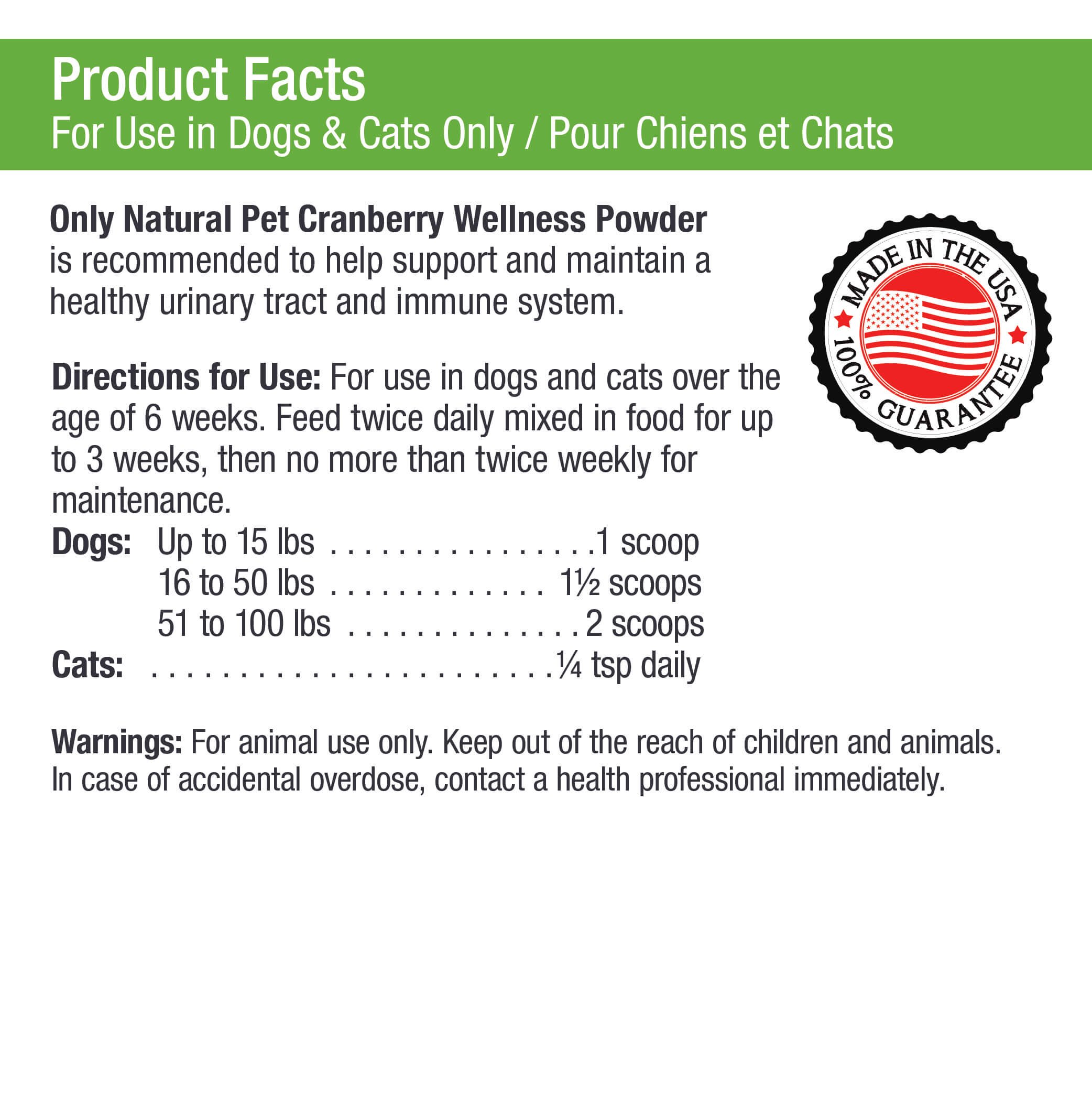 Only Natural Pet Cranberry Wellness Antioxidant Powder for Dogs and Cats - Nutritional Berry Powder Supplement for Urinary Tract Health with Vitamin C - 110 Servings