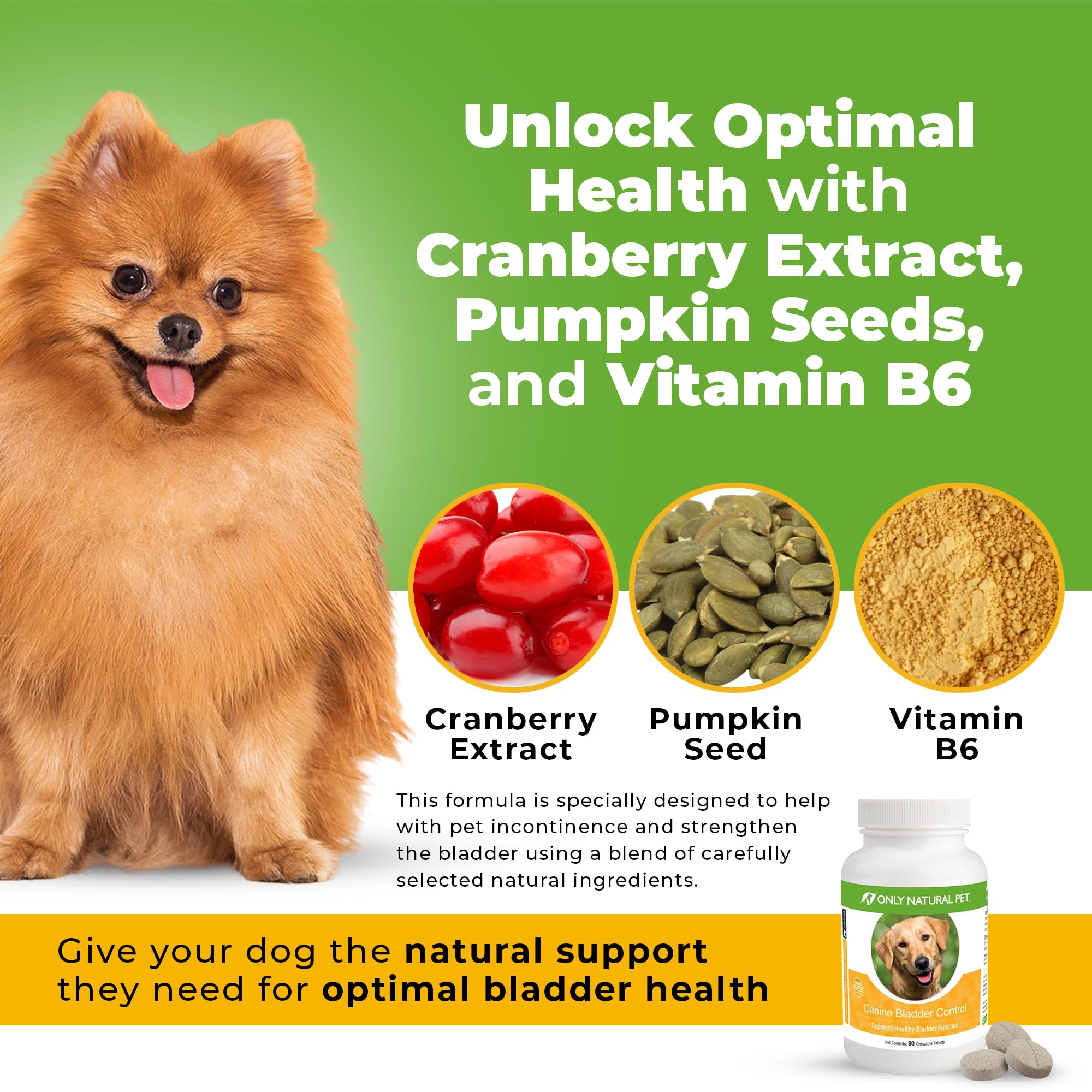 ONLY NATURAL PET Canine Bladder Control - Senior Dog Care Supplement - UTI, Urinary Tract Health, Incontinence Support w/Cranberry Extract | Pills, Vitamins, 90 Chewable Tablets (Natural Turkey)