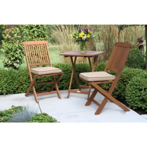 Outdoor Interiors Eucalyptus Wood 3-Piece Square Foldable Bistro Outdoor Furniture Patio Set, Table and 2 Chairs with Cushions, Beige