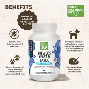 Only Natural Pet Brewer's Yeast & Garlic Chewables - All-Natural Flea & Tick Prevention for Dogs - Fortified with B Vitamins - Promotes Healthy Skin & Coat - 300 Count Tablet (Single)