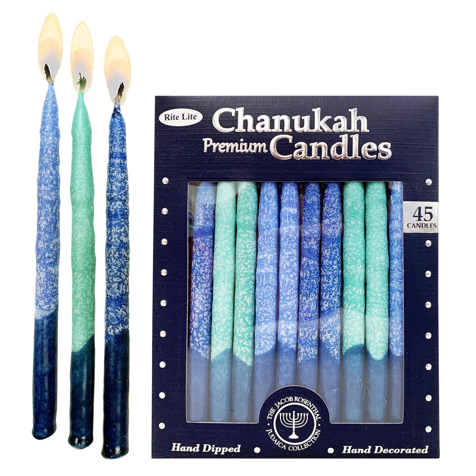 Rite Lite Premium Dripless Frosted Hanukkah Candles - Blue Shades Bulk Pack of 45 - Fits Most Menorahs Jewish Holiday Party Favors Accessories Decor