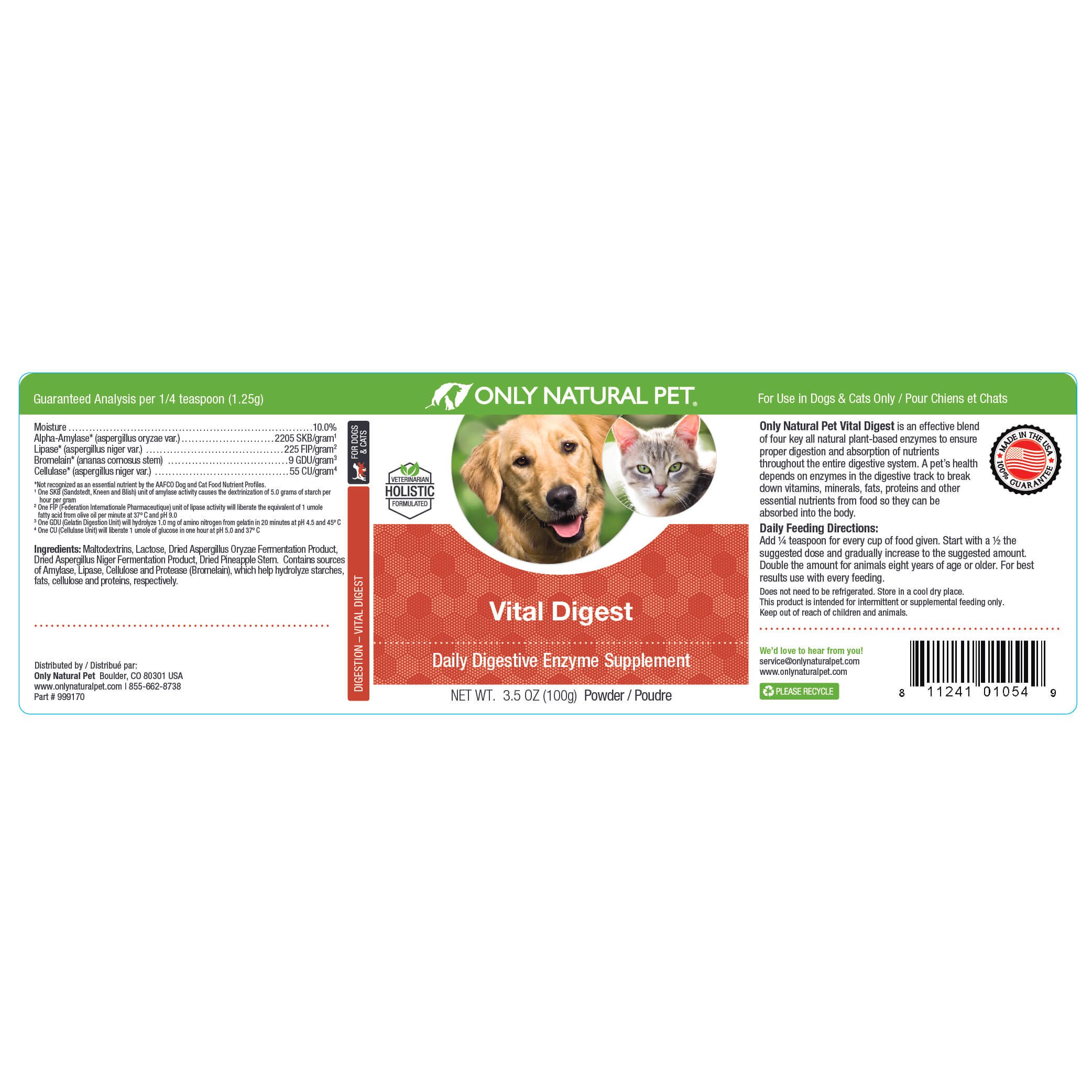 Only Natural Pet Vital Digest Formula for Dogs and Cats with Natural Digestive Enzymes - Holistic All-Natural Formula - 3.5 oz Powder