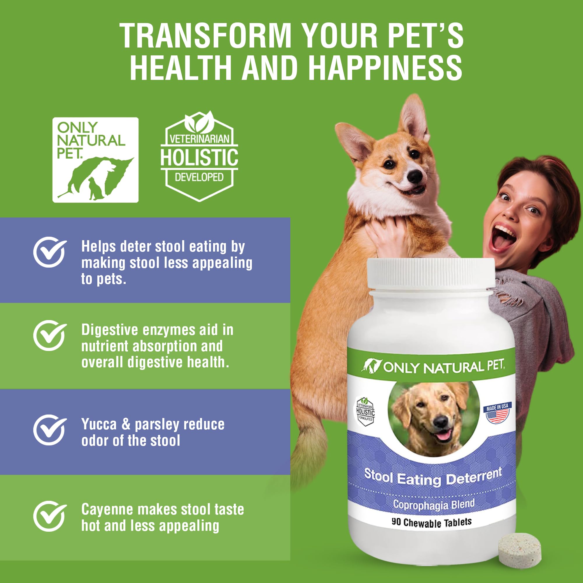 ONLY NATURAL PET Stool Eating Deterrent - Stop Stool Eating Coprophagia - Prevent Poop Eating in Dogs & Puppies | w/Digestive Enzymes | 90 Chewable Tablets for Gut Health - Natural Turkey Flavor