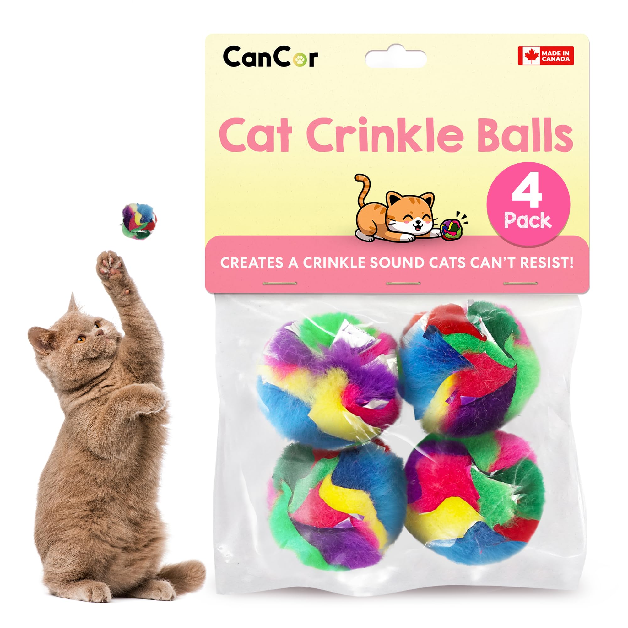 Cat Crinkle Balls 1.5 Inch (4-Pack) - Mini Crinkle Cat Toys for Indoor Cats - Multi-Color Crinkle Cat Toy - Cat Toys Crinkle Balls to Keep Fit and Active - Canadian-Made Crinkle Balls for Cats