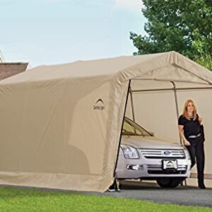 ShelterLogic 10' x 15' x 8' Peak Style Roof Instant Garage Carport Car Canopy with Steel Frame and Waterproof UV-Treated Cover, Sandstone