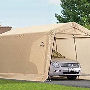 ShelterLogic 10' x 15' x 8' Peak Style Roof Instant Garage Carport Car Canopy with Steel Frame and Waterproof UV-Treated Cover, Sandstone