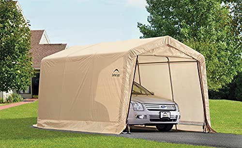 ShelterLogic 10' x 15' x 8' Peak Style Roof Instant Garage Carport Car Canopy with Steel Frame and Waterproof UV-Treated Cover, Sandstone