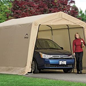 ShelterLogic 10' x 15' x 8' Peak Style Roof Instant Garage Carport Car Canopy with Steel Frame and Waterproof UV-Treated Cover, Sandstone