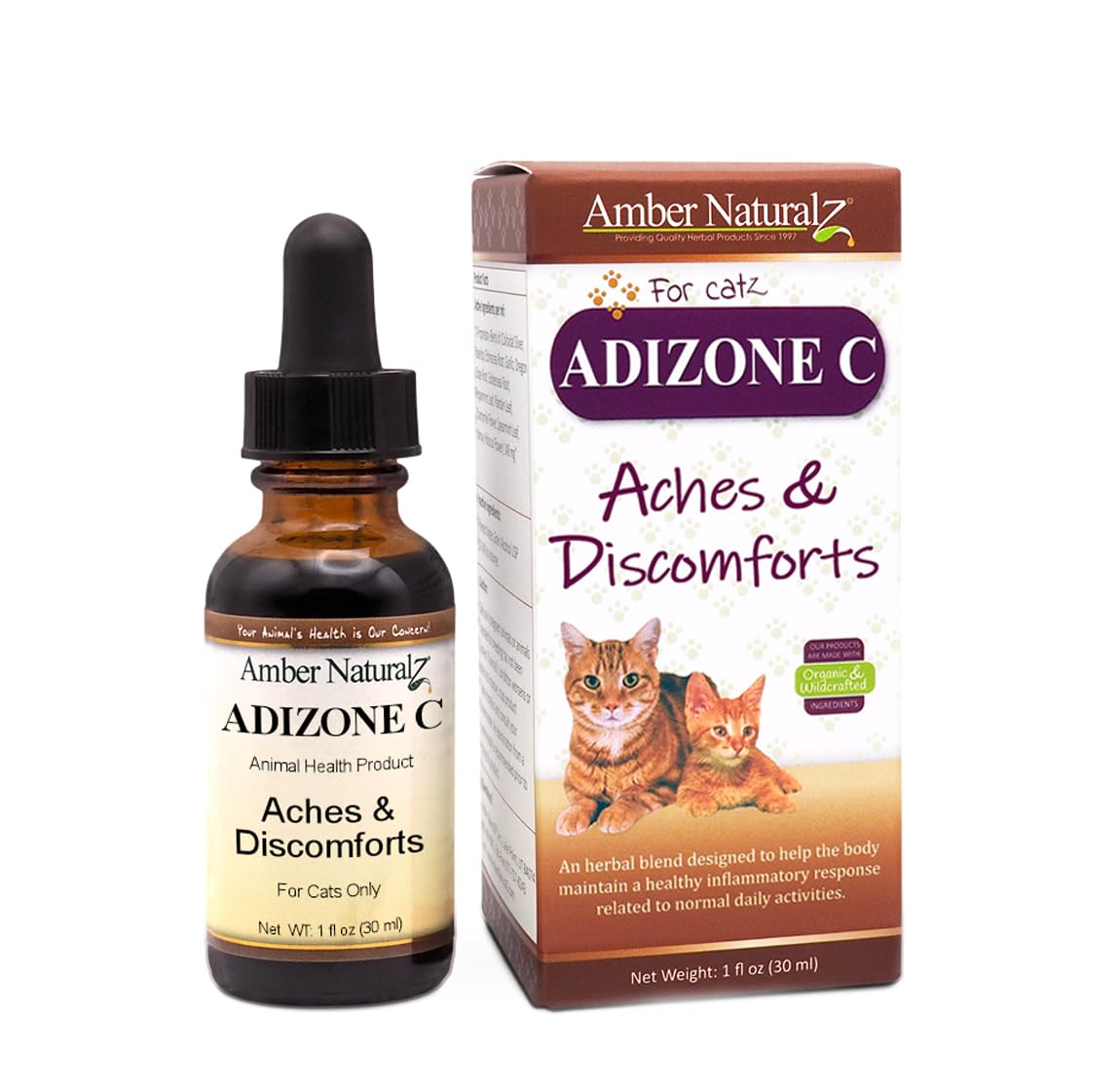 Amber NaturalZ Adizone C Herbal Supplement for Cats | Feline Herbal Supplement for Occasional Soreness, Stiffness, Aches and Discomfort | 1 Fluid Ounce Glass Bottle | Manufactured in The USA