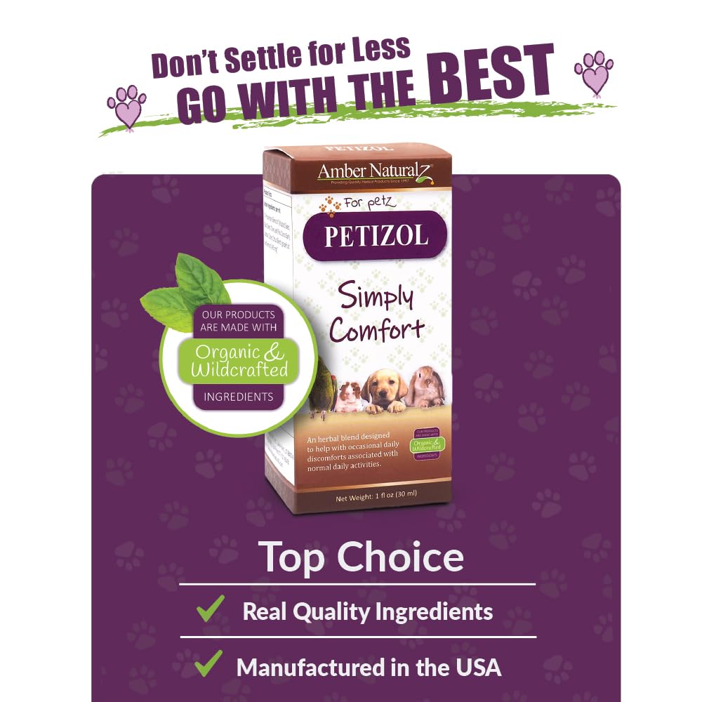 AMBER NATURALZ Petizol Simply Comfort Herbal Supplement for Dogs, Bird, Rabbit | Support for Occasional Discomforts and Normal Body Temperature | 1 Fluid Ounce Glass Bottle | Manufactured in The USA