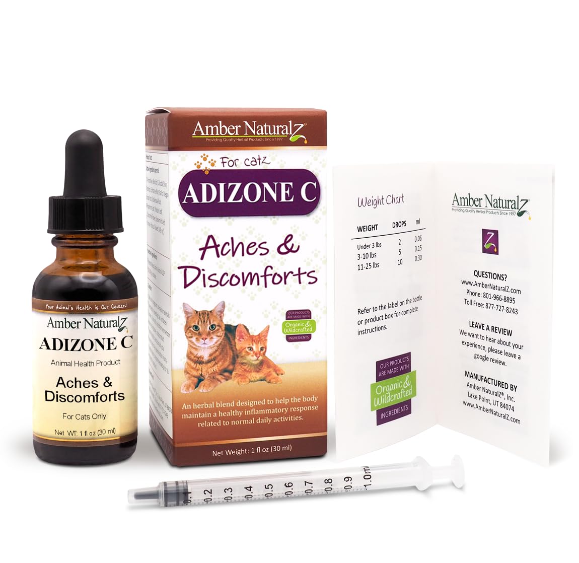 Amber NaturalZ Adizone C Herbal Supplement for Cats | Feline Herbal Supplement for Occasional Soreness, Stiffness, Aches and Discomfort | 1 Fluid Ounce Glass Bottle | Manufactured in The USA