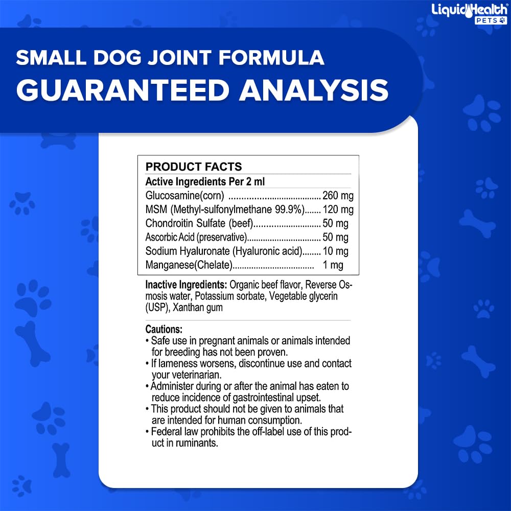 LIQUIDHEALTH 2 Oz Dog Glucosamine Drops Joint Juice, Chondroitin Hip and Joints Relief Vitamin Supplement Formula, Hyaluronic Acid - Small Dogs Canines Puppies